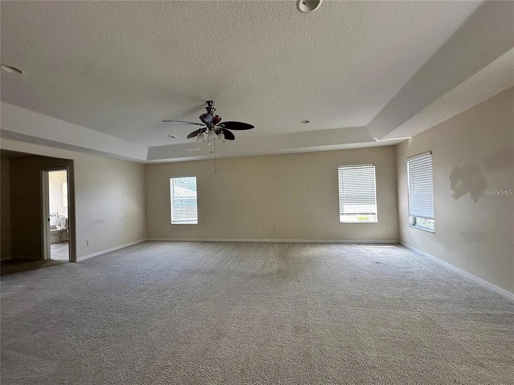 A large, carpeted bedroom features a tray ceiling, a ceiling fan, and three windows — 7232 SEEDPOD LOOP, WESLEY CHAPEL, FL