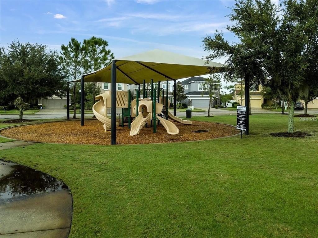 A playground with a large shade structure sits on a wood-chipped area in a park — 7232 SEEDPOD LOOP, WESLEY CHAPEL, FL