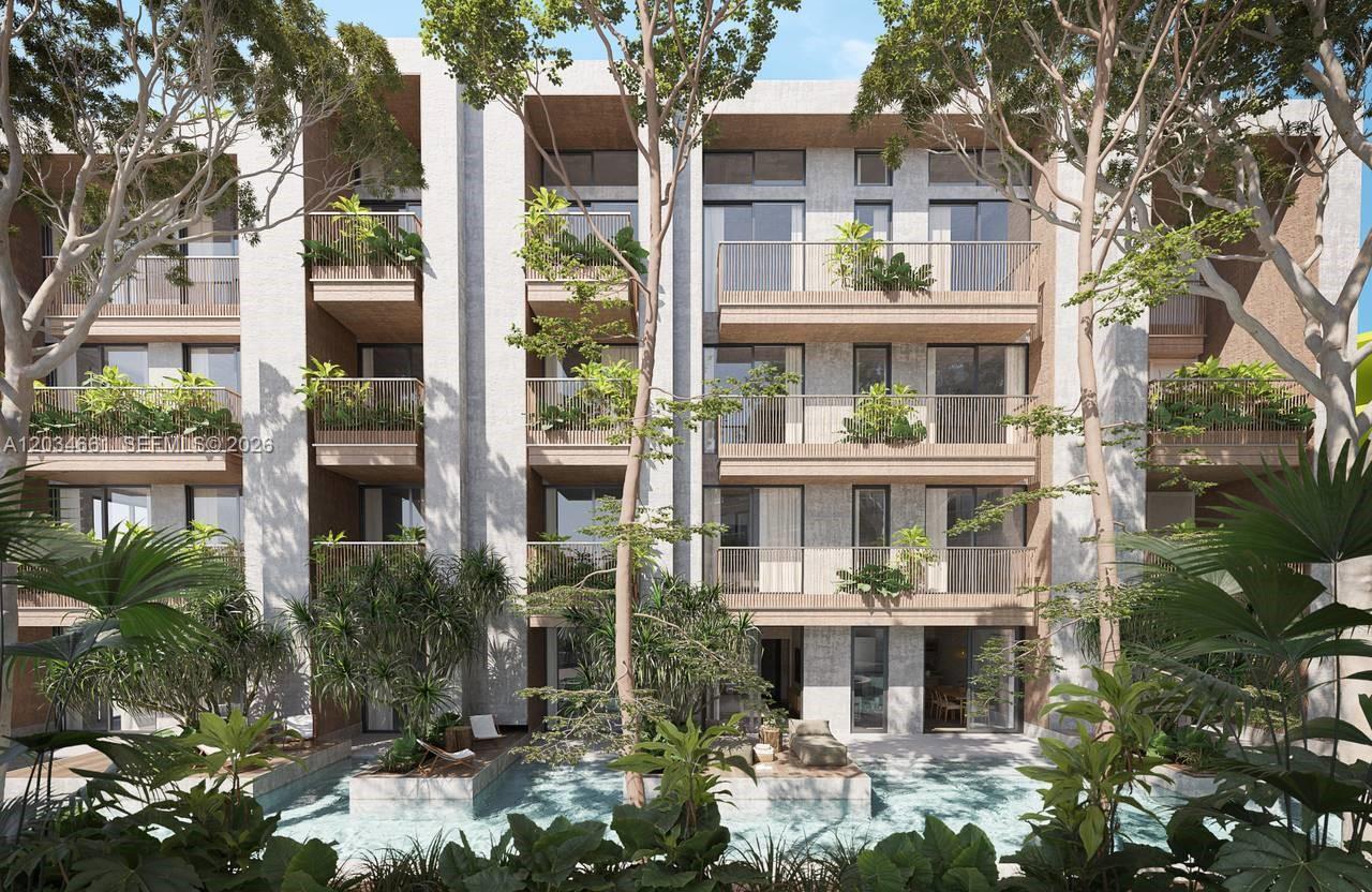 This architectural rendering shows a modern multi-story apartment building with balconies overlooking a swimming pool — JJR6+692 punta cana # 1, FL