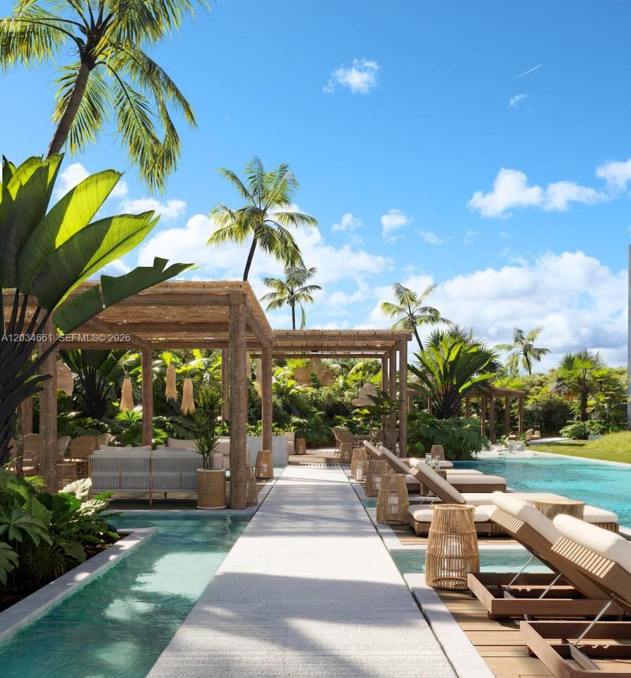 This is a rendering of a tropical outdoor pool area with wooden pergolas and lounge chairs — JJR6+692 punta cana # 1, FL