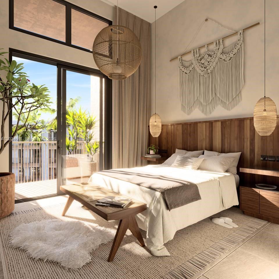 This rendering shows a modern bedroom with a wooden headboard, macramé wall hanging, and balcony — JJR6+692 punta cana # 1, FL
