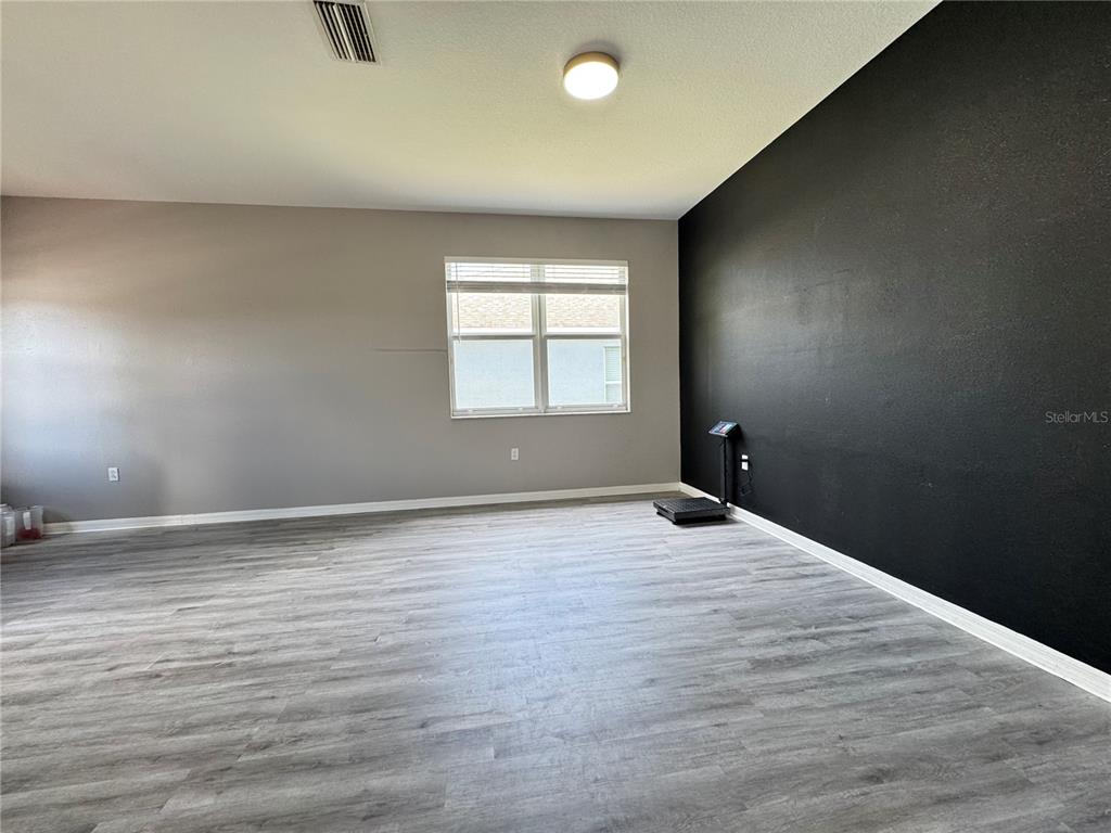 An empty room features light gray walls, a black accent wall, and wood-look flooring — 10868 STANDING STONE DRIVE, WIMAUMA, FL