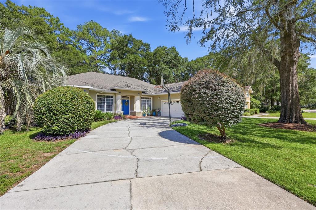 A single-story house with a cracked concrete driveway, a blue front door, and large bushes — 2015 NW 89TH DRIVE, GAINESVILLE, FL