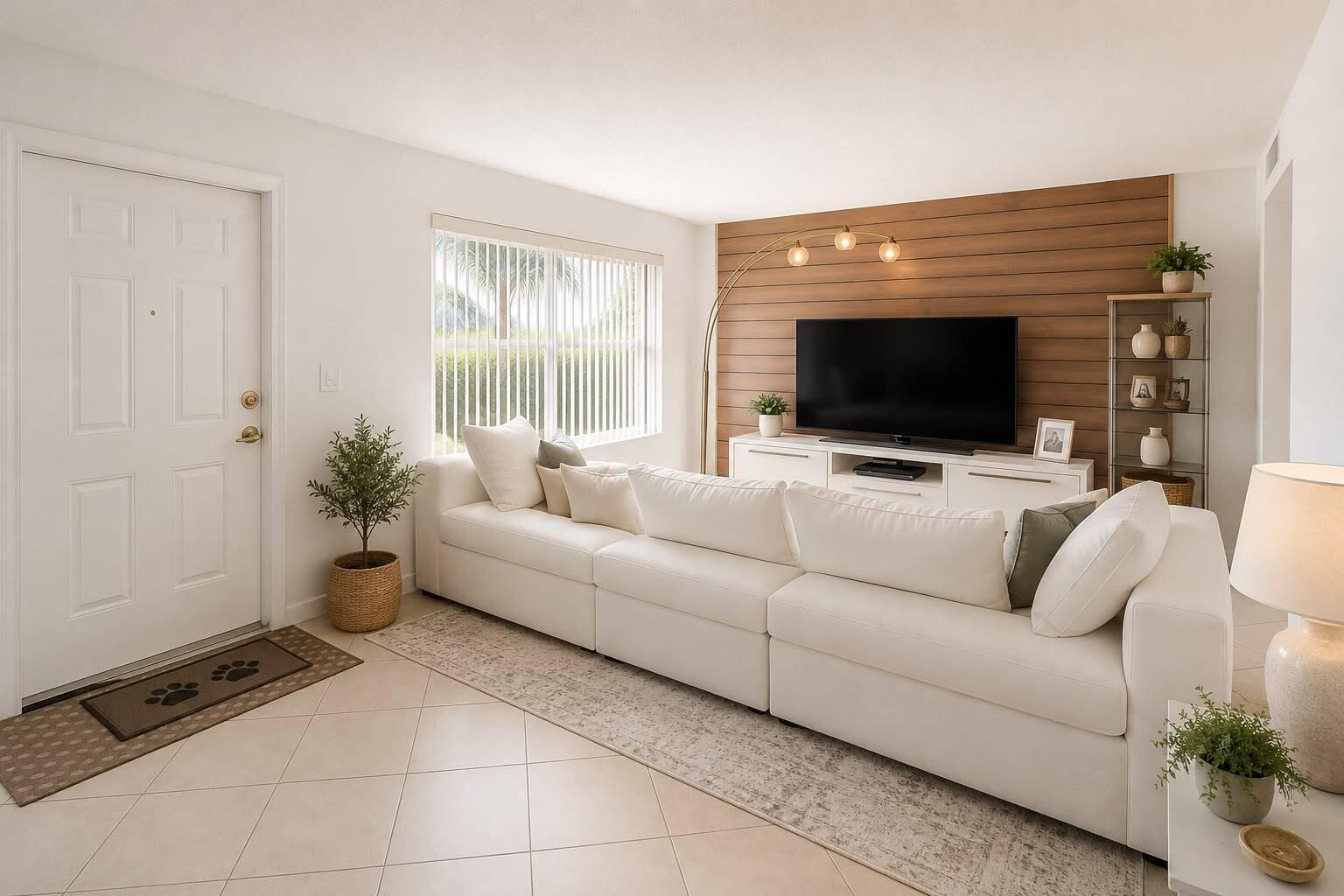 A living room features a white sectional sofa, a wood-paneled accent wall, and a television — 6639 SW 41st Place # 41, Davie FL 33314, DAVIE, FL