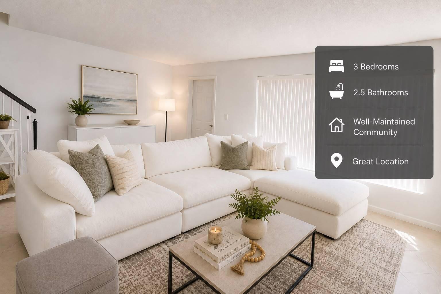 A bright living room features a large white sectional sofa, a coffee table, and stairs — 6639 SW 41st Place # 41, Davie FL 33314, DAVIE, FL