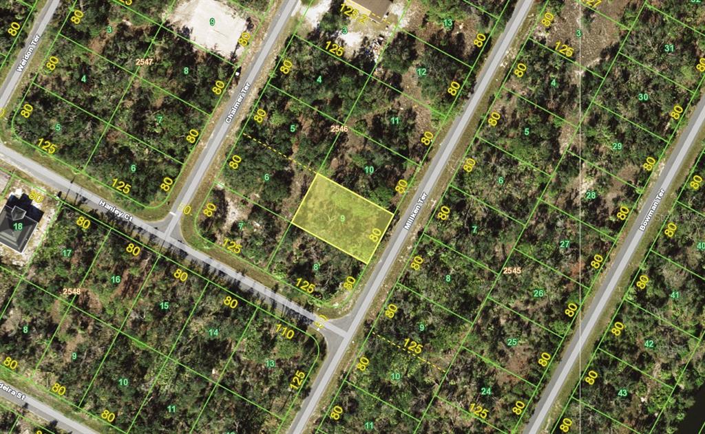 This is an aerial map showing a highlighted vacant lot among other residential parcels — 1189 MILIKEN TERRACE, PORT CHARLOTTE, FL