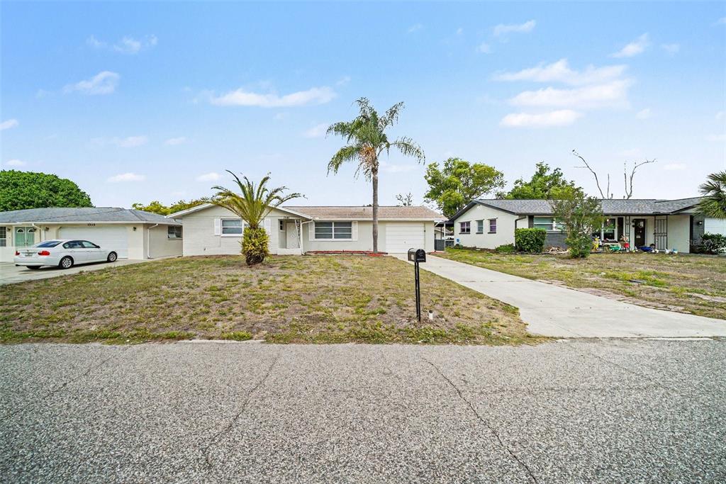 A single-story house with a palm tree in the front yard and a concrete driveway — 7541 SPIREA DRIVE, PORT RICHEY, FL
