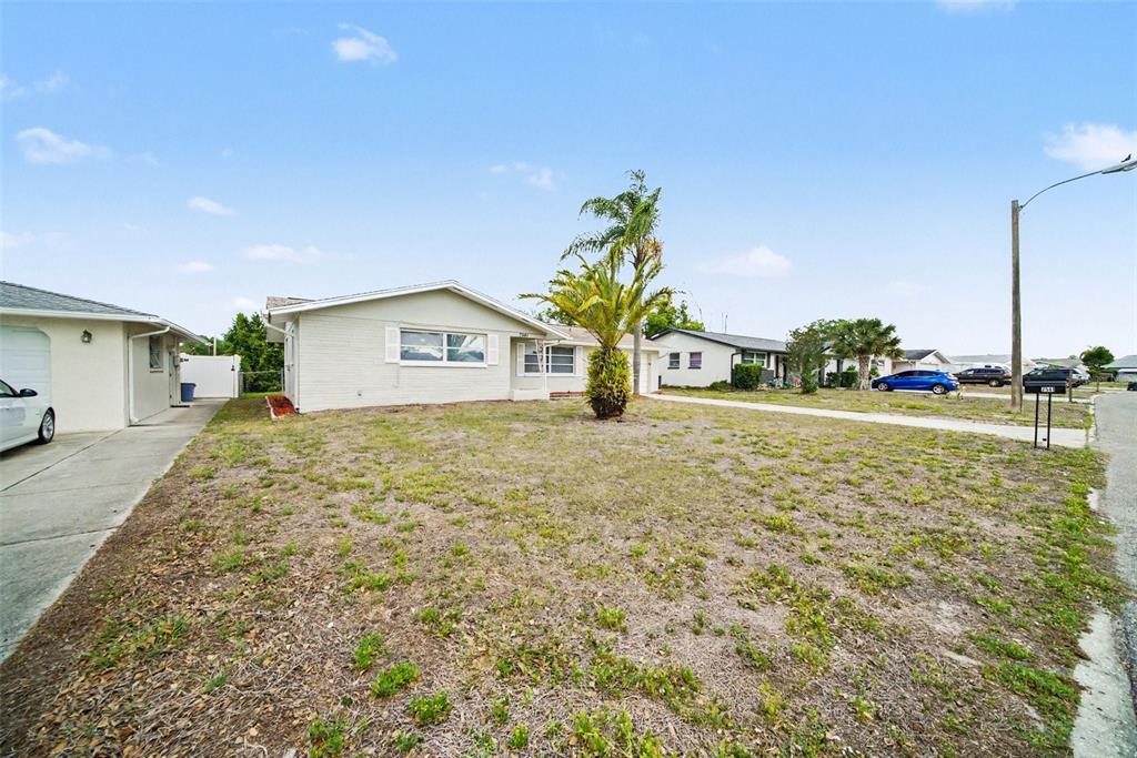 A single-story house with a light-colored exterior and a palm tree in the front yard — 7541 SPIREA DRIVE, PORT RICHEY, FL