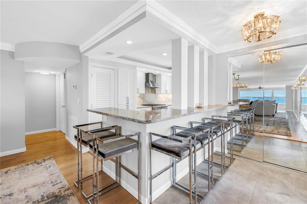 A kitchen with a granite breakfast bar and barstools opens to a living area — 6020 SHORE BOULEVARD S UNIT 712, GULFPORT, FL