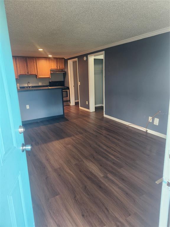 An interior view shows a kitchen with wood cabinets and a living area with dark flooring — 5901 BRYCE LANE UNIT 5903, TAMPA, FL