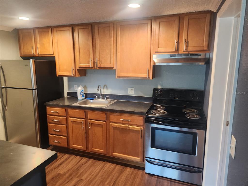 A kitchen features wood cabinets, stainless steel appliances, a dark countertop, and wood-look flooring — 5901 BRYCE LANE UNIT 5903, TAMPA, FL