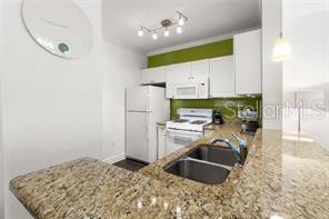 A kitchen features white cabinets, granite countertops, a double sink, and a green backsplash — 2732 VIA MURANO UNIT 534, CLEARWATER, FL