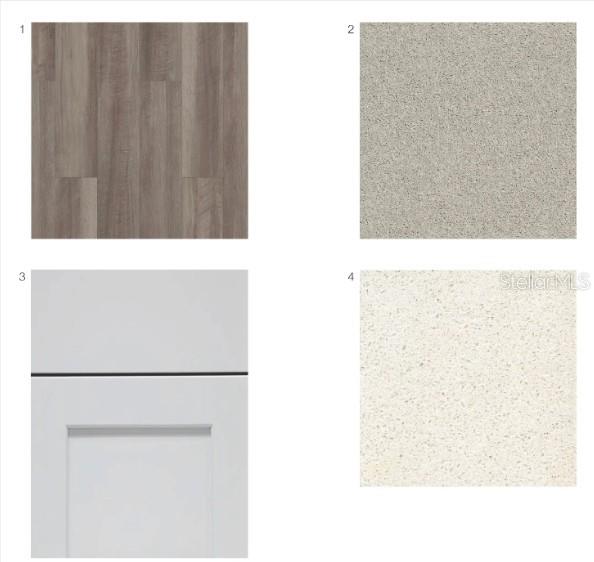 A digital rendering showing four material samples for flooring, countertops, and cabinetry finishes — 521 MOONSTONE COURT, GROVELAND, FL
