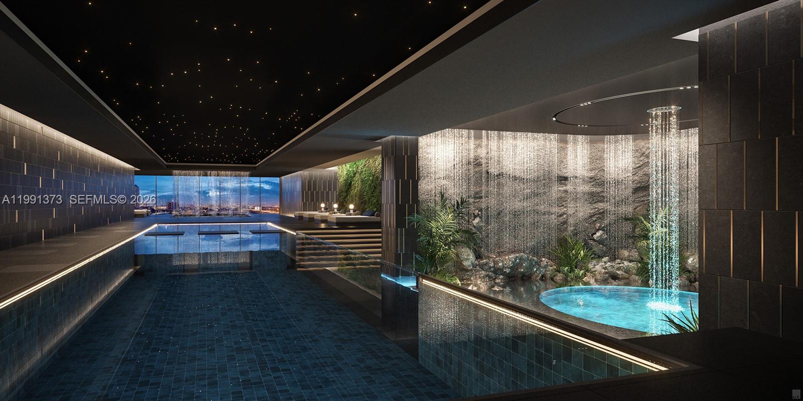 This rendering shows an indoor pool area with a waterfall, rock features, and starry ceiling — 20 NE 11th St # 3706, Miami FL 33132, MIAMI, FL
