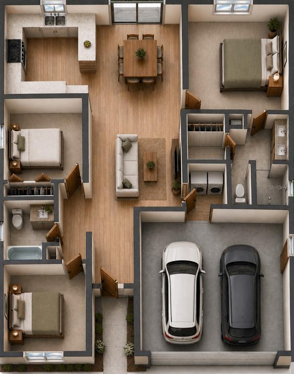 This 3D floor plan shows a three-bedroom house with an open living area and two-car garage — 270 DIOGENES STREET, DUNEDIN, FL