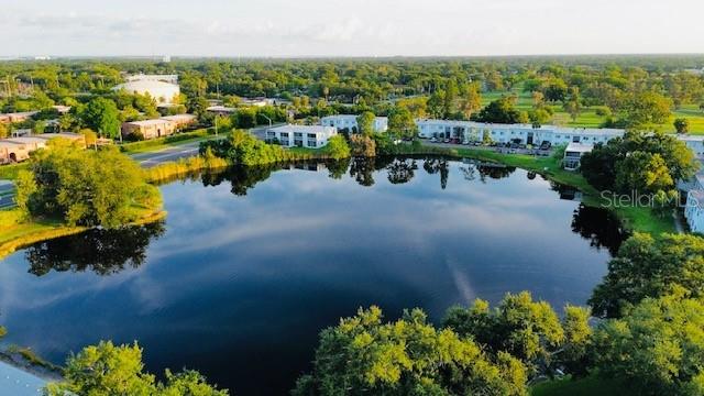 An aerial view shows a large pond surrounded by apartment buildings and lush green trees — 625 N KEENE ROAD UNIT T5, CLEARWATER, FL
