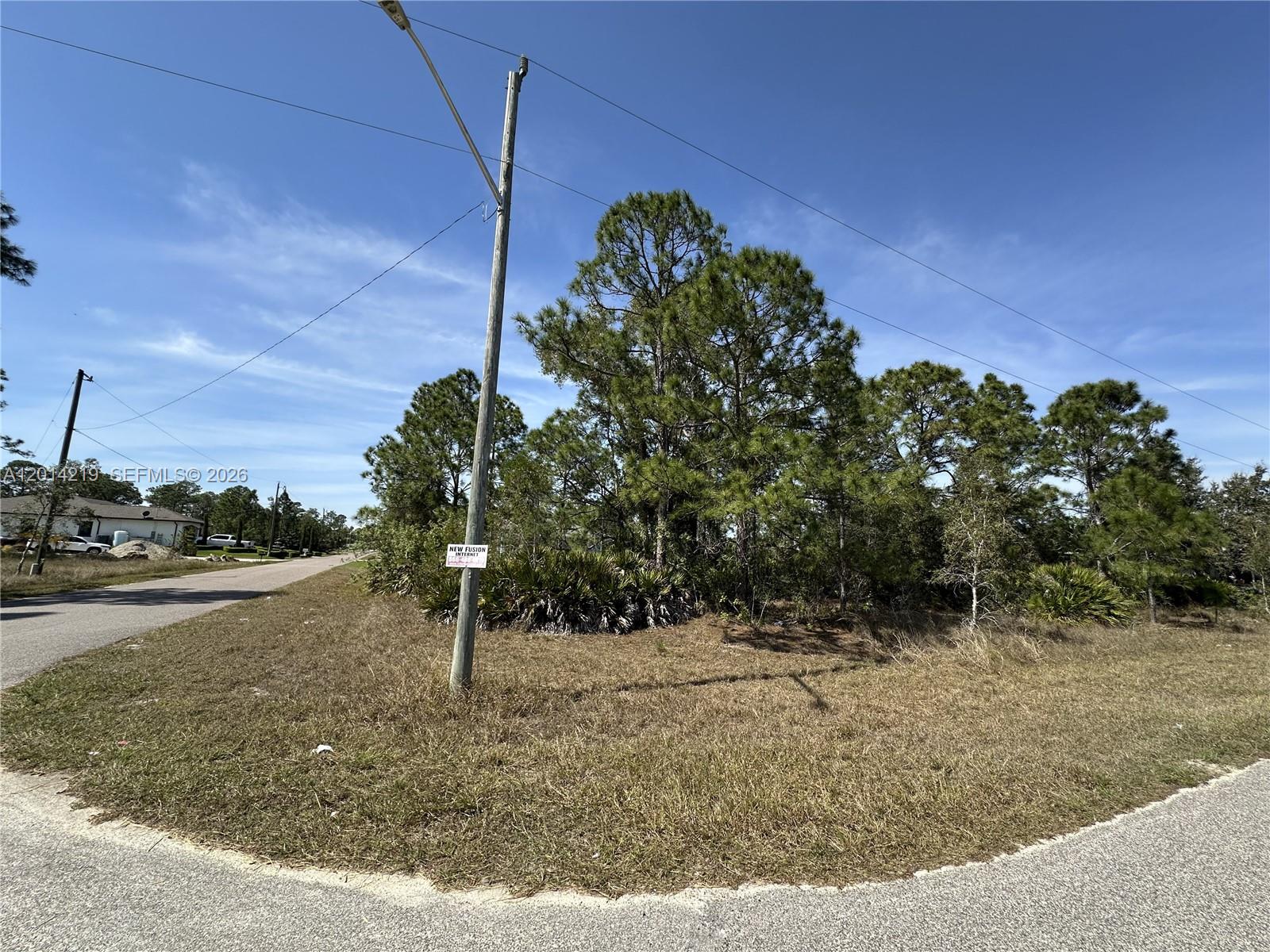 A utility pole stands on a grassy corner lot with pine trees under a blue sky — 2900 33rd St W, Lehigh Acres FL 33971, LEHIGH ACRES, FL