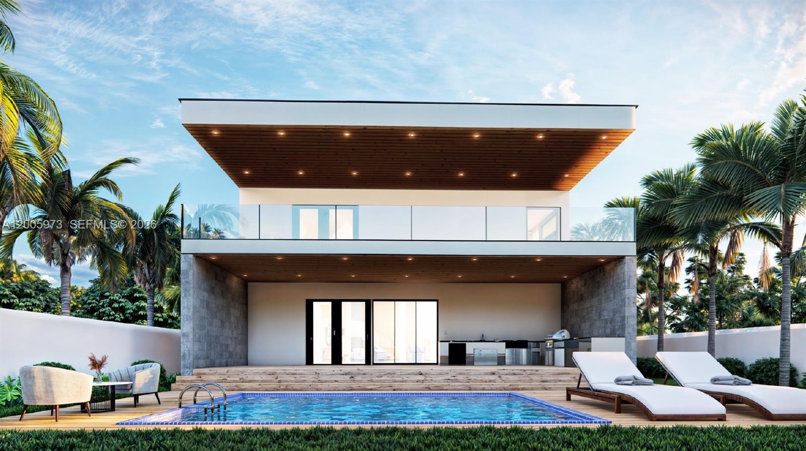 This architectural rendering shows a modern two-story house with a pool, deck, and palm trees — 975 SW 15th Ave, Miami FL 33135, MIAMI, FL