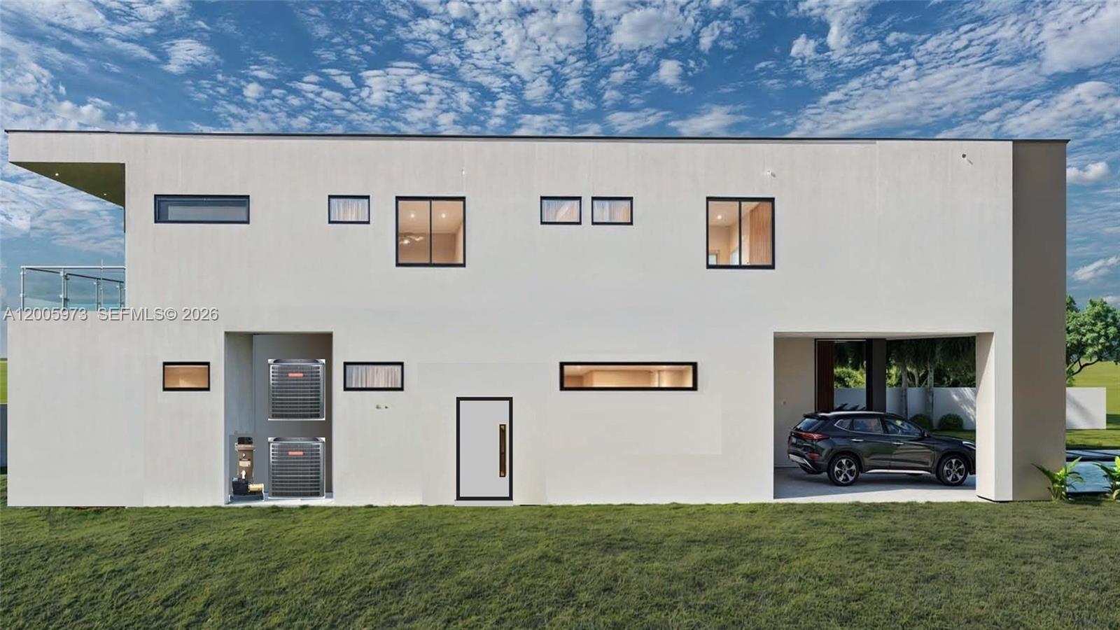 This exterior view shows a modern white two-story house with a car parked underneath — 975 SW 15th Ave, Miami FL 33135, MIAMI, FL