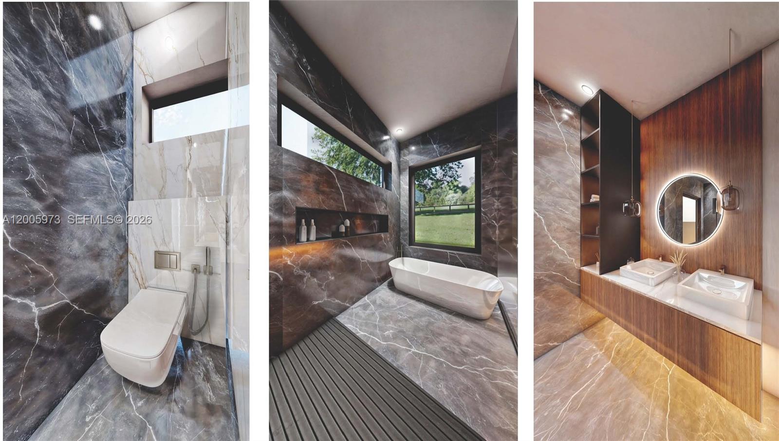 This rendering shows a modern bathroom featuring dark marble walls, a soaking tub, and vanities — 975 SW 15th Ave, Miami FL 33135, MIAMI, FL