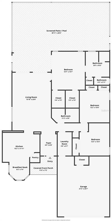 This floor plan shows a single-story home with three bedrooms, a pool, and a garage — 3843 GOLDEN KNOT DRIVE, KISSIMMEE, FL