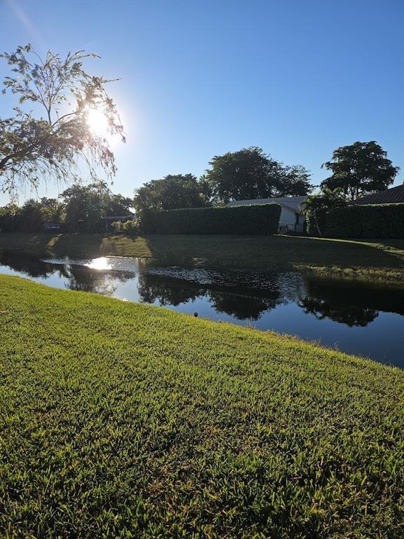 A grassy lawn slopes down to a narrow canal with trees and houses in the background — CORAL SPRINGS, FL
