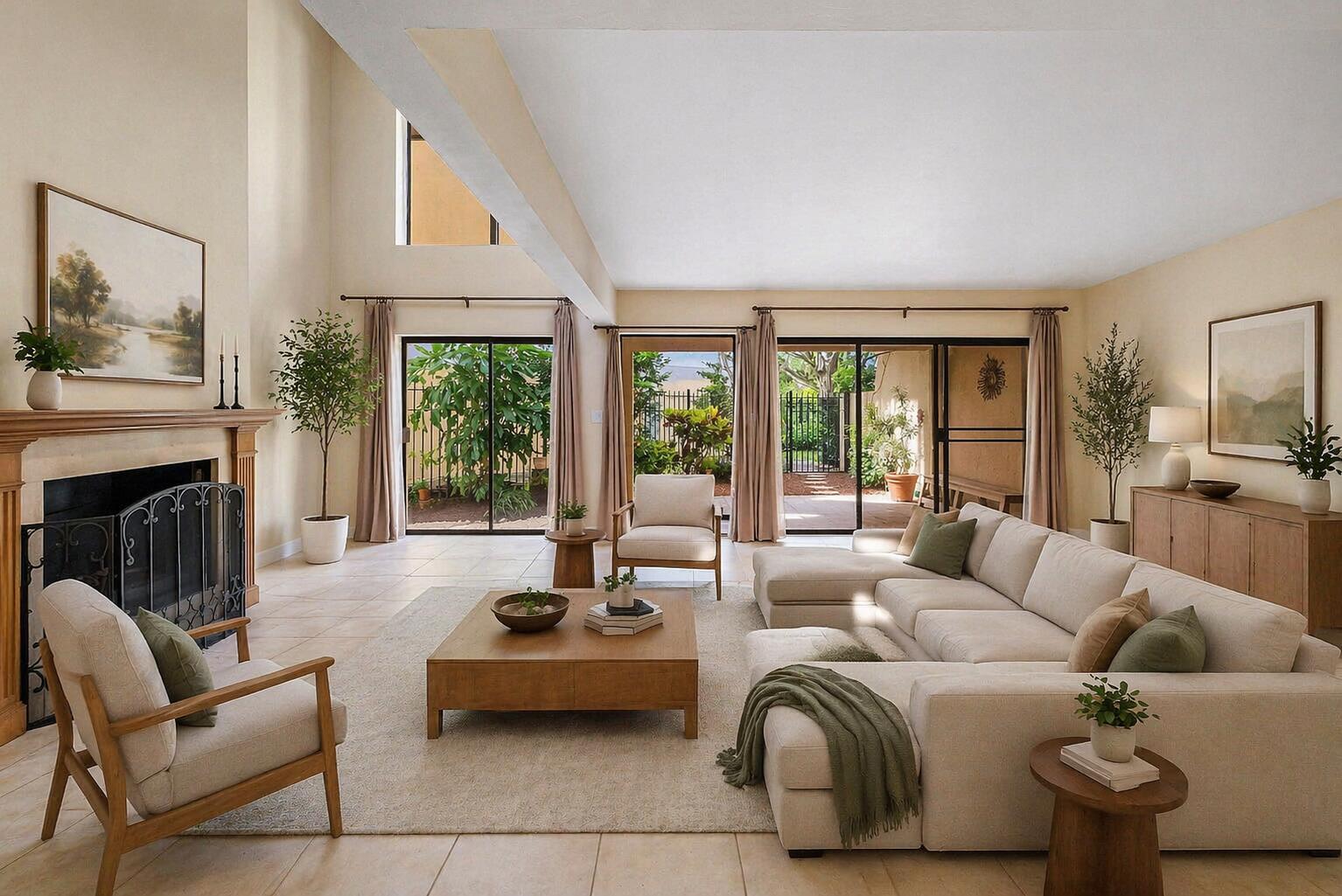 A bright living room features a fireplace, sectional sofa, and sliding glass doors to a patio — 5664 Santiago Circle, Boca Raton FL 33433, BOCA RATON, FL