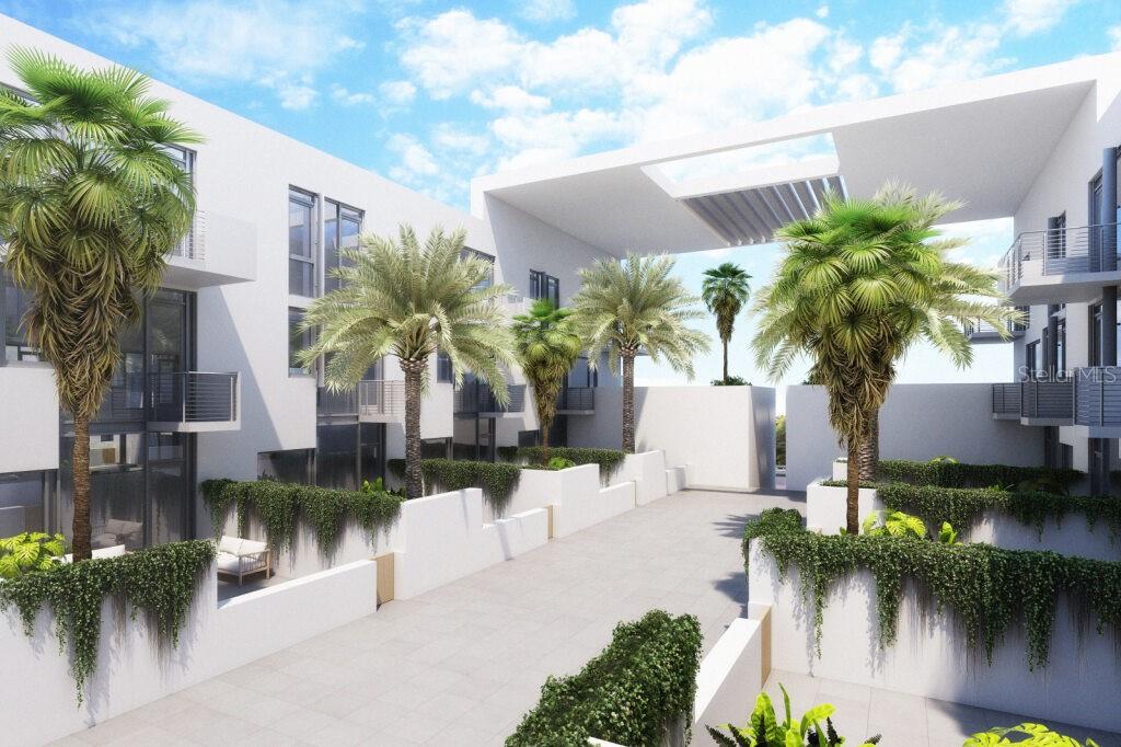 A digital rendering shows a modern courtyard with white walls, palm trees, and hanging greenery — 2170 ROBINHOOD STREET UNIT A2-305, SARASOTA, FL