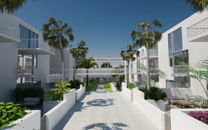 A digital rendering shows a modern outdoor courtyard between two white buildings with palm trees — 2170 ROBINHOOD STREET UNIT A2-305, SARASOTA, FL