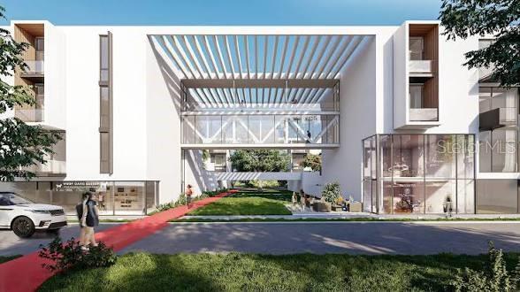 This is a rendering of a modern apartment building exterior with a central pedestrian walkway — 2170 ROBINHOOD STREET UNIT A2-305, SARASOTA, FL