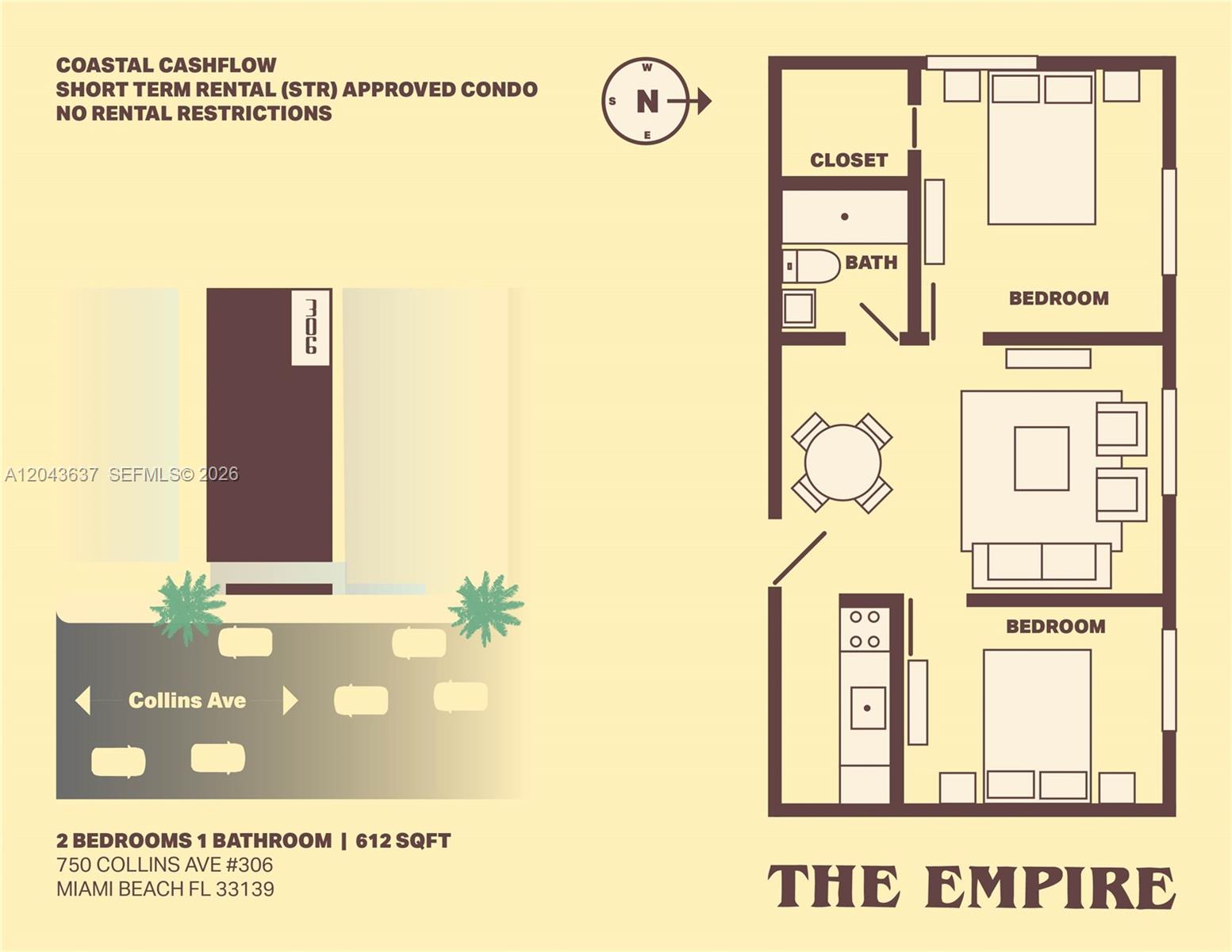 This is a floor plan for a two-bedroom, one-bathroom condo with a central living area — 750 Collins Ave # 306, Miami Beach FL 33139, MIAMI BEACH, FL