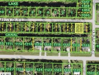 This is a satellite map view showing residential land parcels and streets — 26145 FLOWER ROAD, PUNTA GORDA, FL