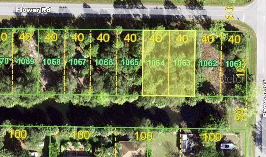 This is a map showing two highlighted adjacent rectangular land parcels along a road — 26145 FLOWER ROAD, PUNTA GORDA, FL