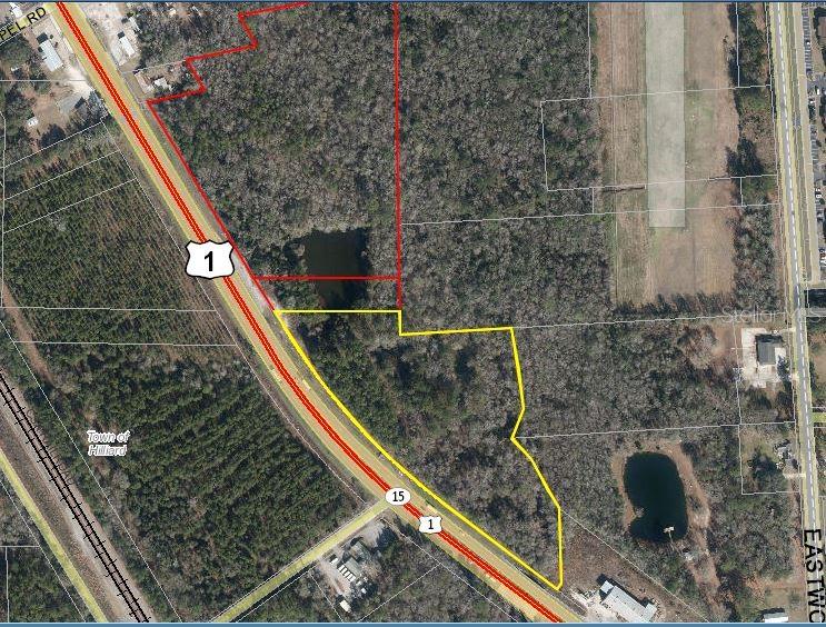 An aerial map shows two adjacent parcels of land outlined in red and yellow — 3 US HWY 1, HILLIARD, FL