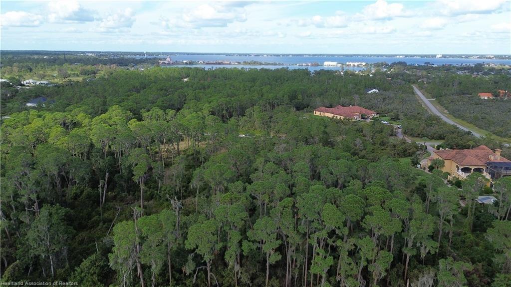 An aerial view shows a wooded lot with nearby houses and a lake in the distance — 3029 Hawks Landing Circle, Sebring FL 33875, SEBRING, FL