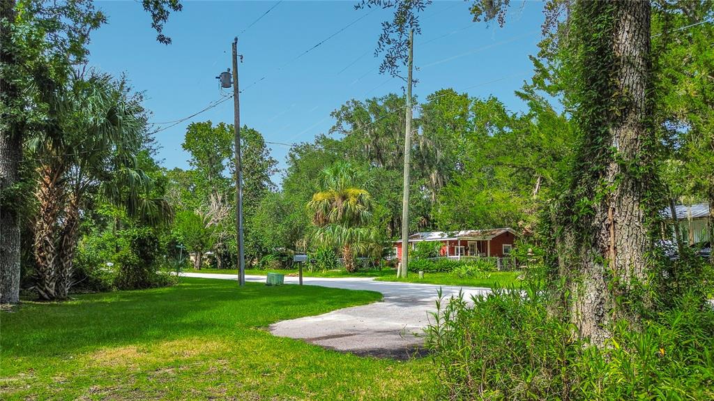 A red house sits behind a grassy yard with utility poles and mature trees — 5360 S ELM AVENUE, HOMOSASSA, FL