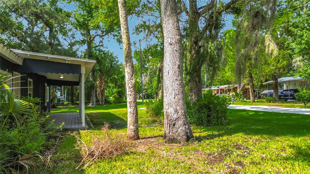 A wooden deck with a black awning sits beside large trees in a grassy yard — 5360 S ELM AVENUE, HOMOSASSA, FL