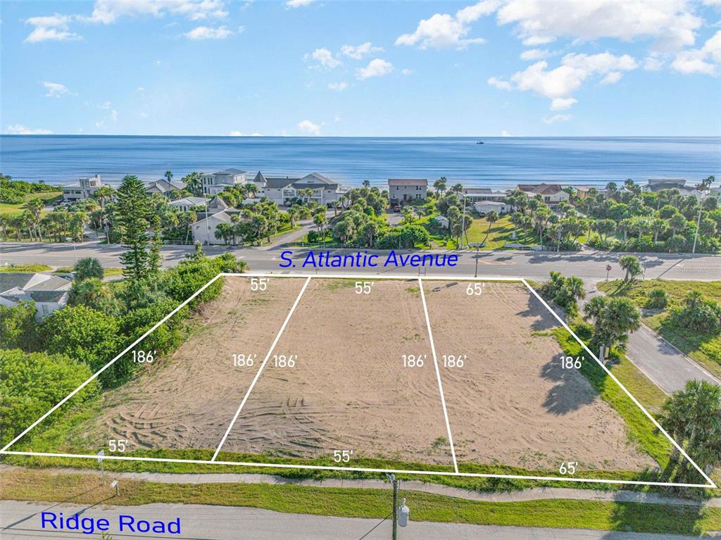 This is an aerial view of three vacant, adjacent rectangular lots located between two roads — 2752 S ATLANTIC AVENUE, DAYTONA BEACH, FL