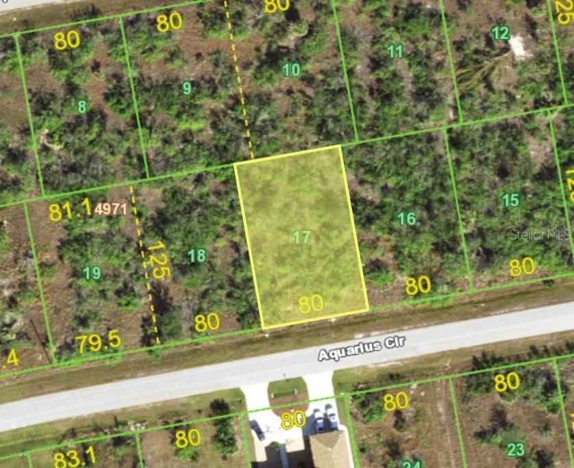 This is an aerial map showing a highlighted rectangular land parcel labeled 17 — 15205 AQUARIUS CIRCLE, PORT CHARLOTTE, FL