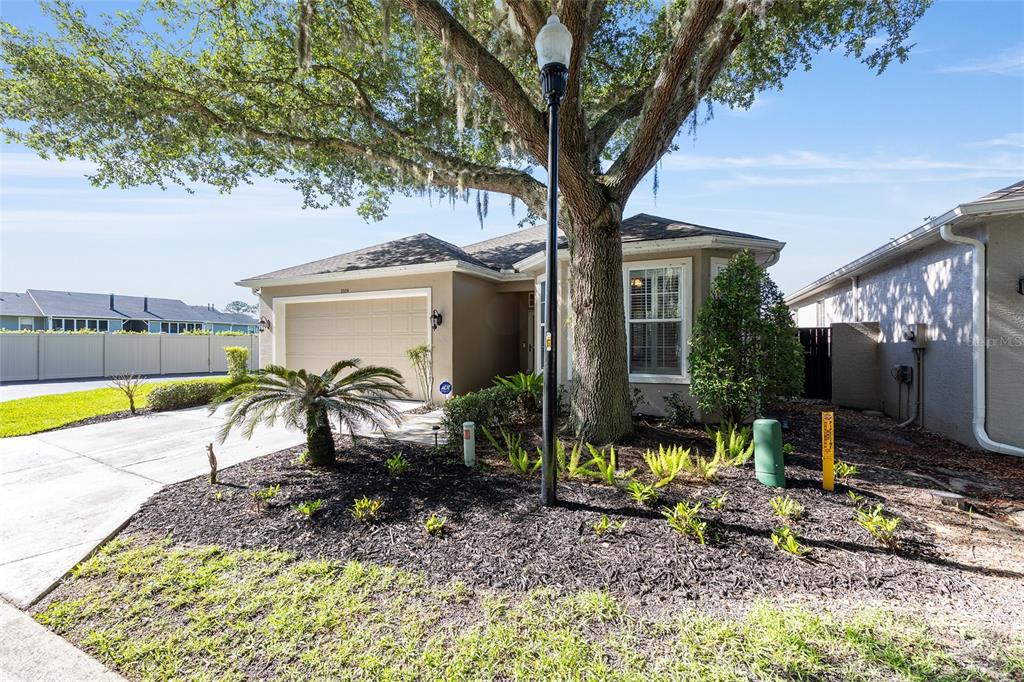 A single-story house with a tan exterior, a two-car garage, and a large shade tree — 3304 SW 38TH STREET, OCALA, FL