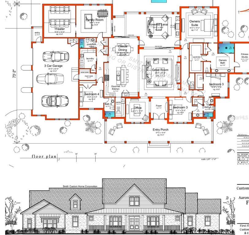This floor plan and front elevation rendering show a custom home with a three-car garage — 15945 PAINTED POST LANE, SARASOTA, FL