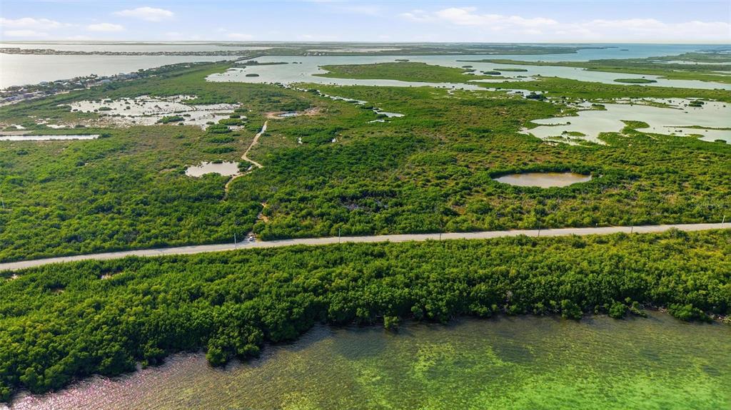 An aerial view shows a road cutting through dense green vegetation and coastal wetlands — NILES ROAD, SUMMERLAND KEY, FL