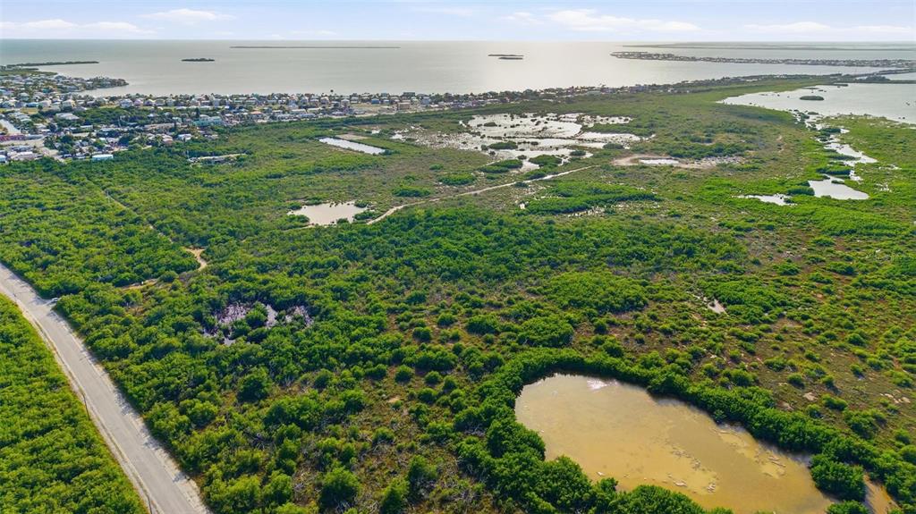 An aerial view shows a coastal landscape with dense vegetation, small ponds, and a nearby town — NILES ROAD, SUMMERLAND KEY, FL