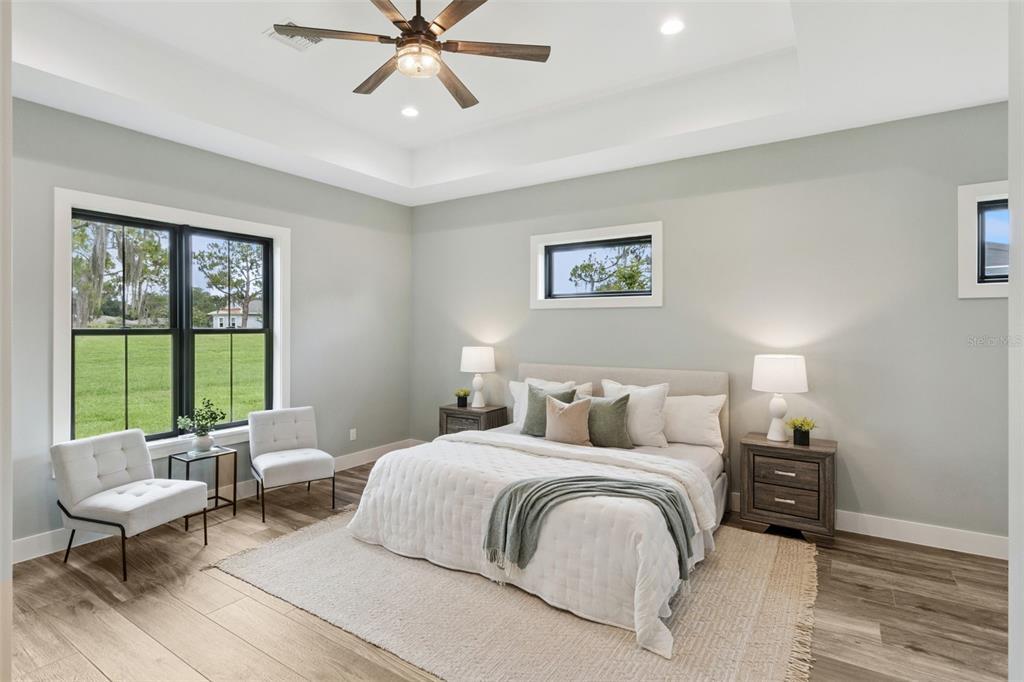 A bedroom features a tray ceiling, light wood floors, a large window, and neutral decor — 4050 PALMA CEIA CIRCLE, WINTER HAVEN, FL