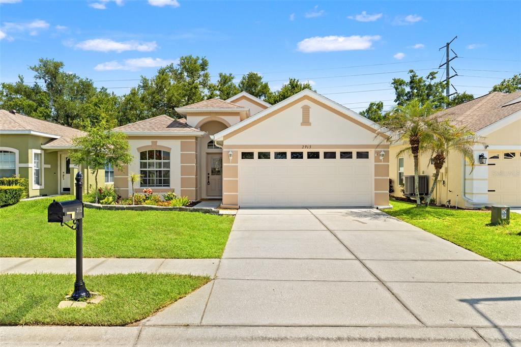 A single-story suburban house with a beige stucco exterior, a two-car garage, and a driveway — 2913 BANYAN HILL LANE, LAND O LAKES, FL