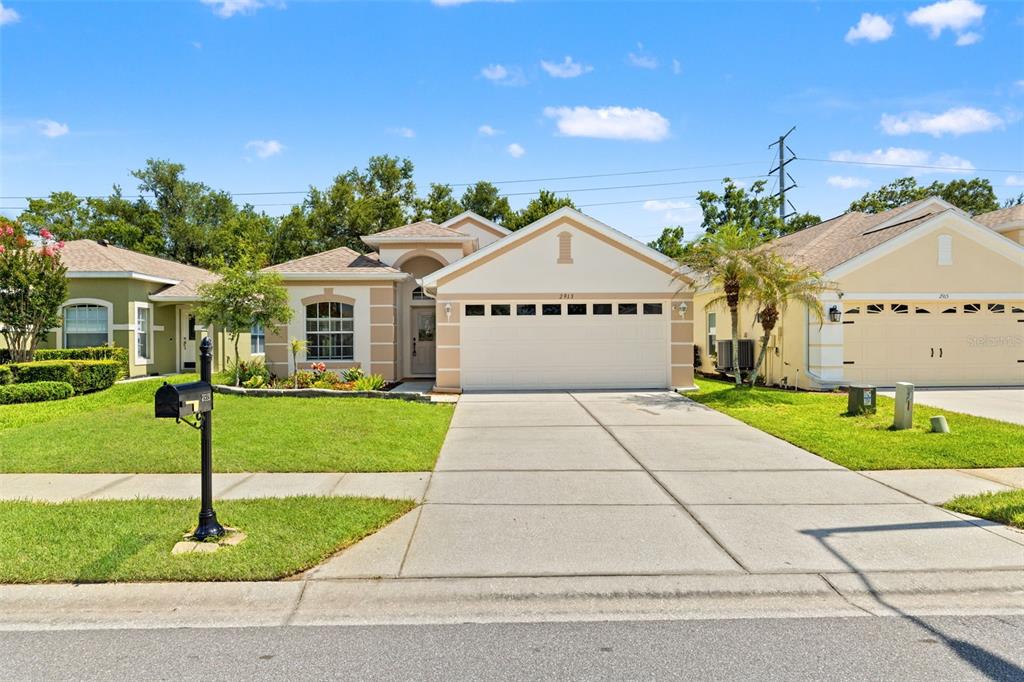A single-story suburban house with a two-car garage and a concrete driveway — 2913 BANYAN HILL LANE, LAND O LAKES, FL