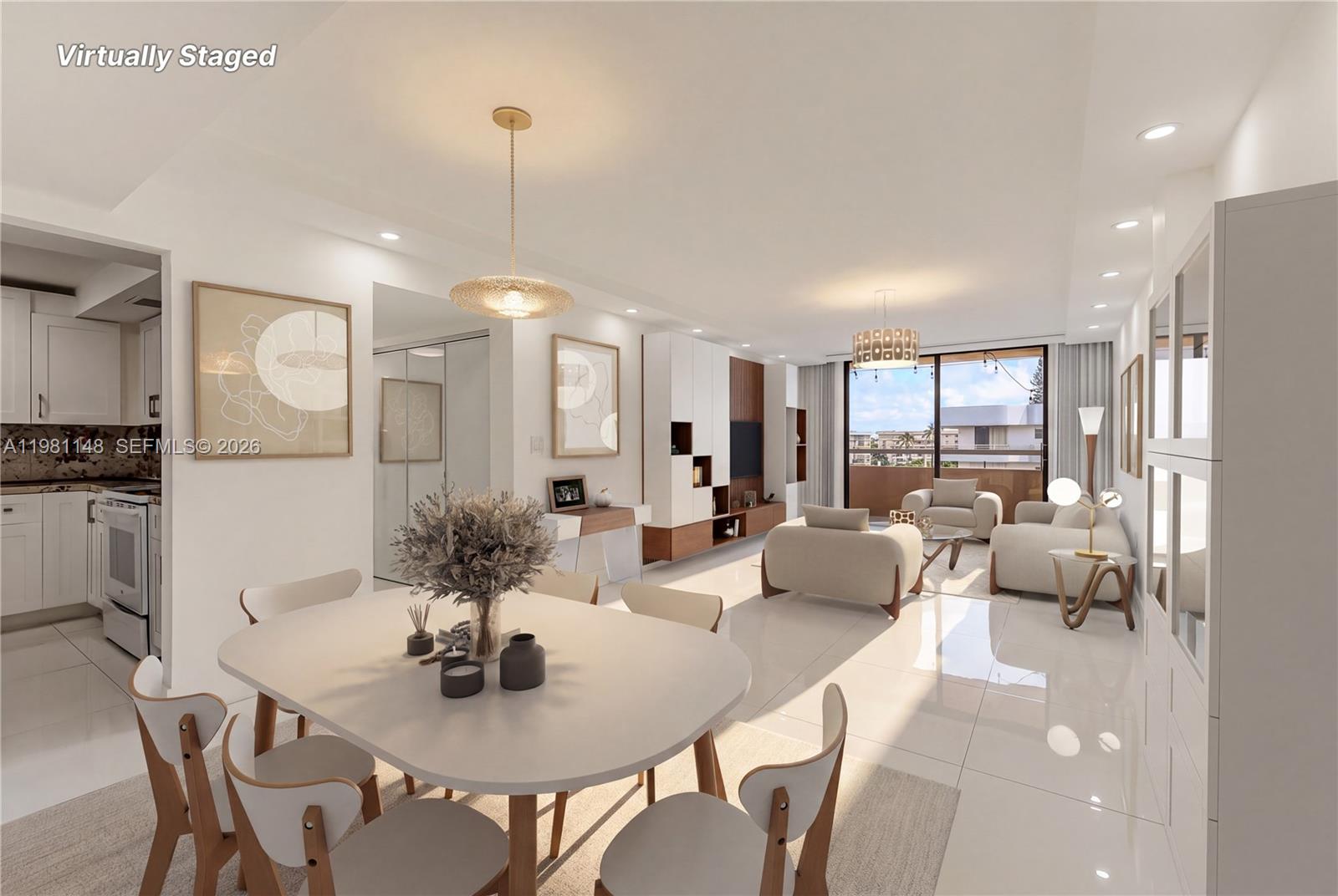 This virtually staged living and dining area features white tile floors and a balcony view — 8101 Byron Ave # 509, Miami Beach FL 33141, MIAMI BEACH, FL