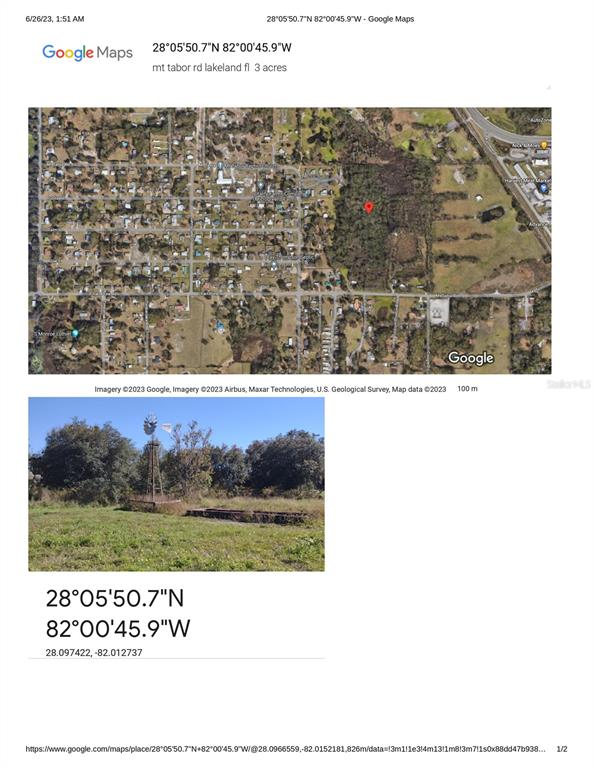 This image includes a Google Maps satellite view of a property and a ground-level photograph of a field with a windmill — MT TABOR ROAD, LAKELAND, FL