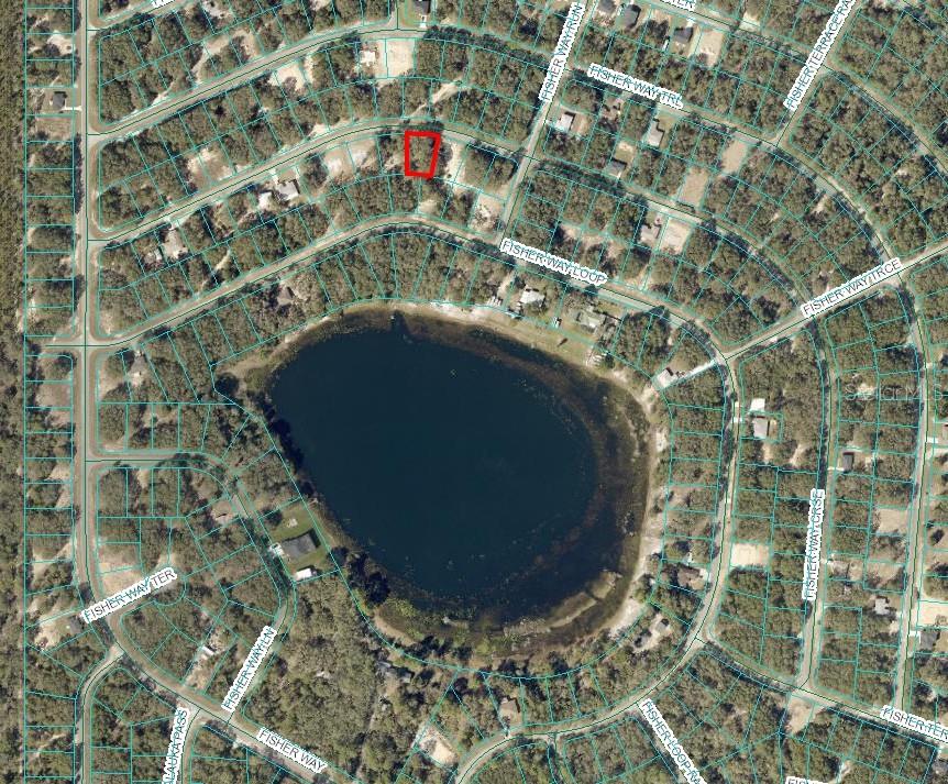 This is an aerial map showing a residential lot highlighted in red near a lake — FISHER WAY COURSE, OCKLAWAHA, FL