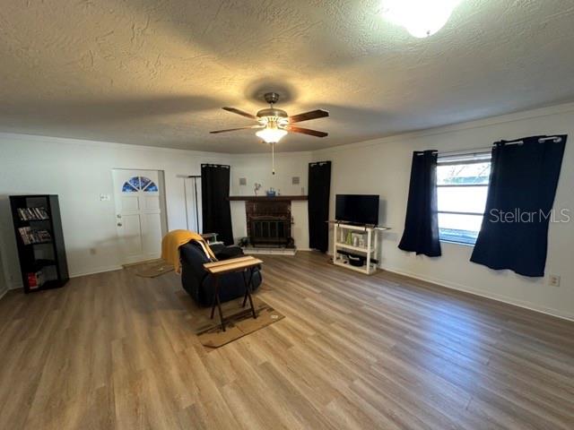 A living room features light wood-look flooring, a ceiling fan, a fireplace, and dark curtains — 5731 90TH AVENUE N, PINELLAS PARK, FL